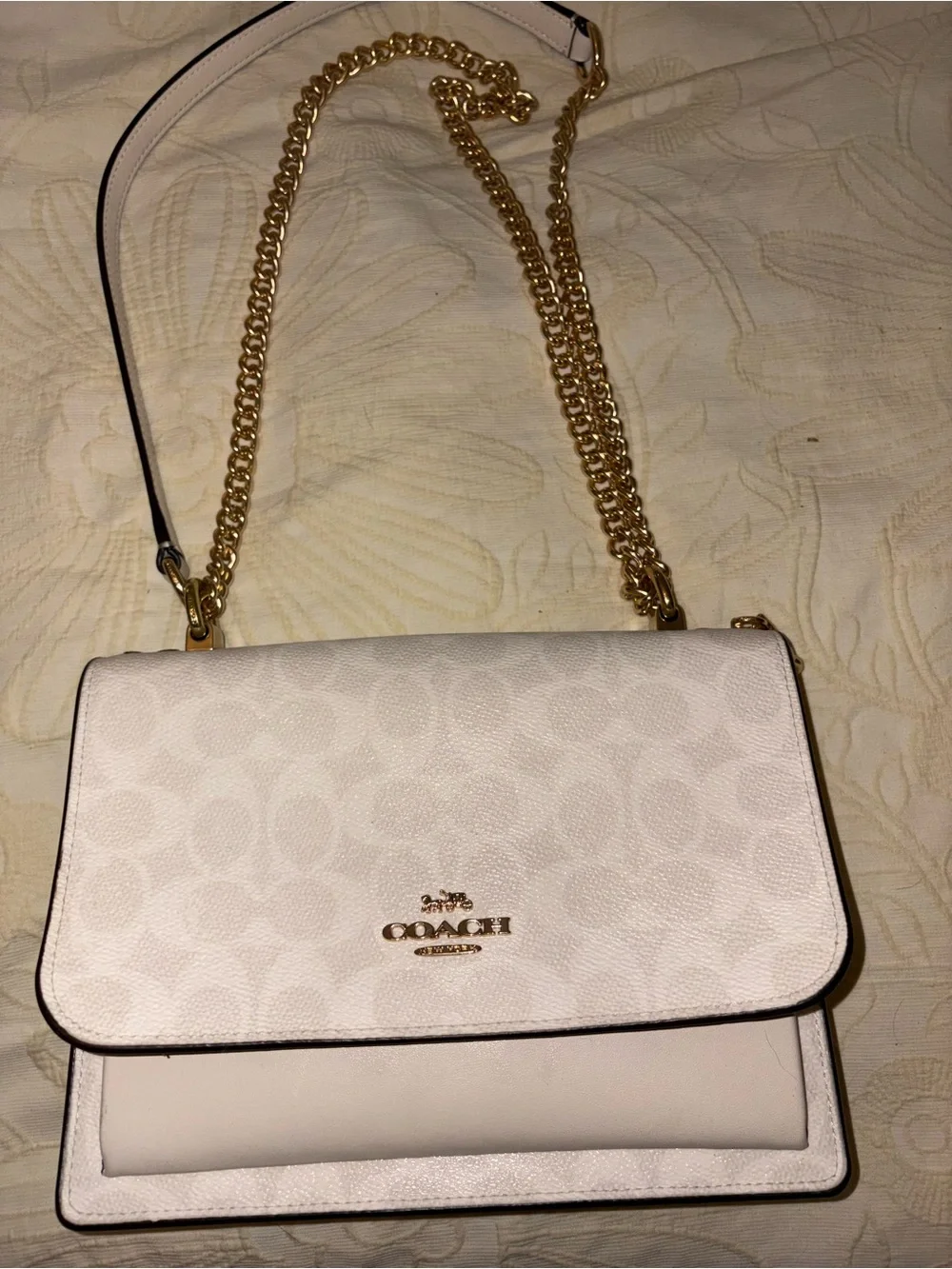 Coach Cream Signature Chain Flap Shoulder Bag